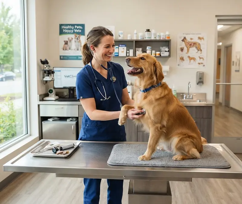 Veterinarian examining a happy dog in a bright clinic
