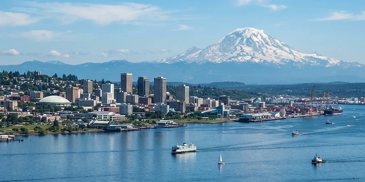 Tacoma skyline across Commencement Bay with Mount Rainier