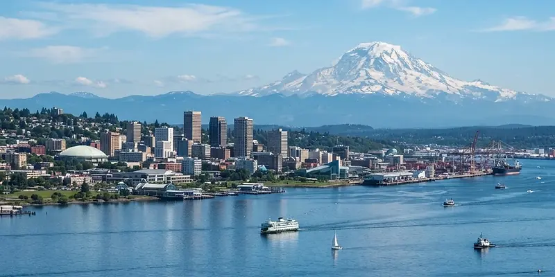 Tacoma skyline across Commencement Bay with Mount Rainier