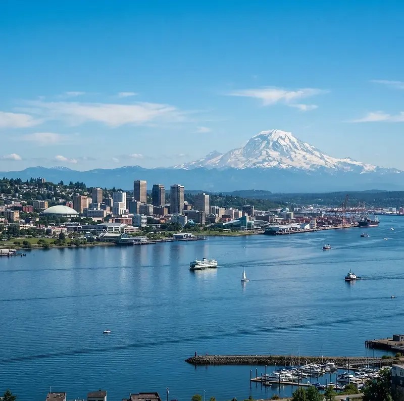 Tacoma skyline across Commencement Bay with Mount Rainier