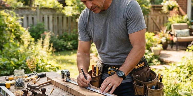 Handyman measuring wood for a job