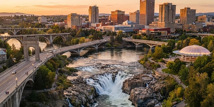 Spokane River falls and downtown Spokane bridges at golden hour