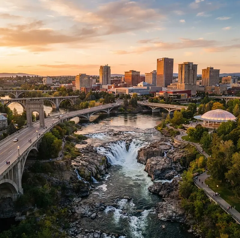 Spokane River falls and downtown Spokane bridges at golden hour
