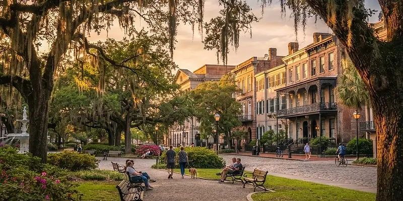 Live oaks with Spanish moss in a historic Savannah square