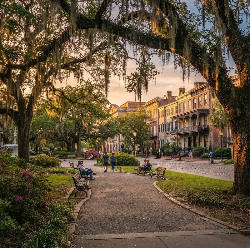 Live oaks with Spanish moss in a historic Savannah square
