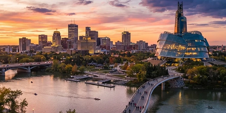 Winnipeg skyline at The Forks at sunset