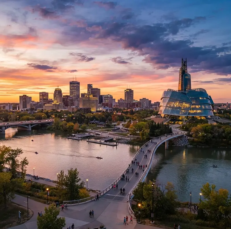 Winnipeg skyline at The Forks at sunset