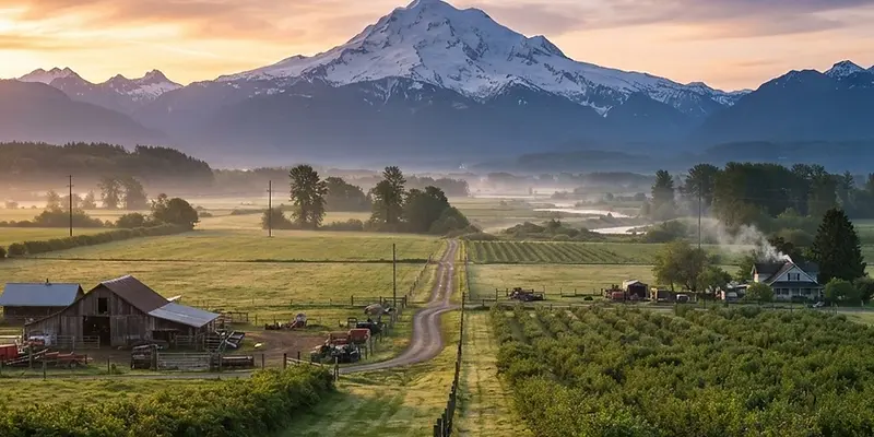 Abbotsford farmland with Mount Baker in the background at sunrise