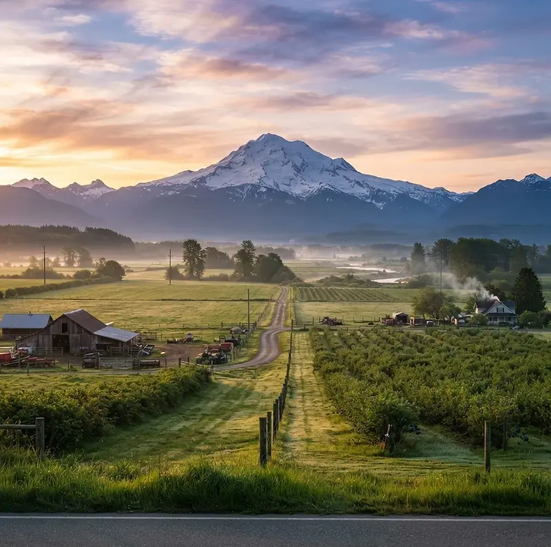 Abbotsford farmland with Mount Baker in the background at sunrise