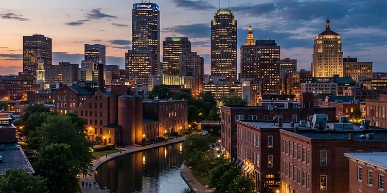 Downtown Akron, Ohio at dusk