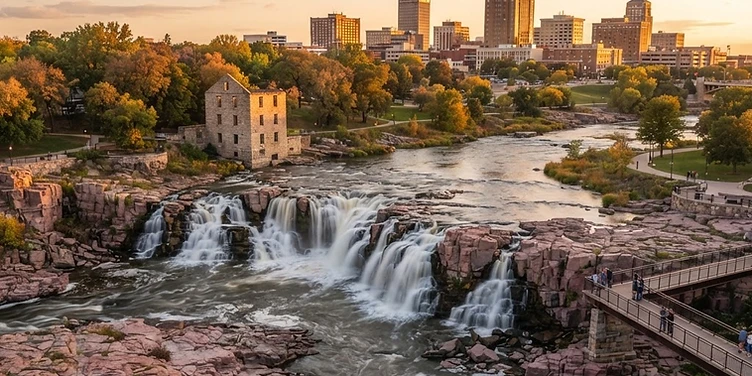 Sioux Falls waterfalls on pink quartzite with downtown behind