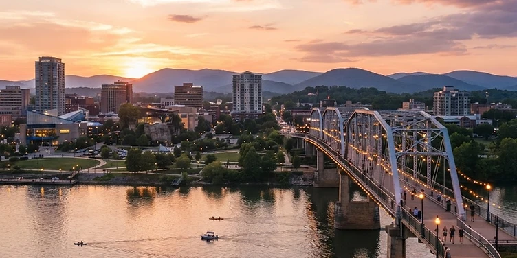 Chattanooga riverfront and pedestrian bridge at sunset