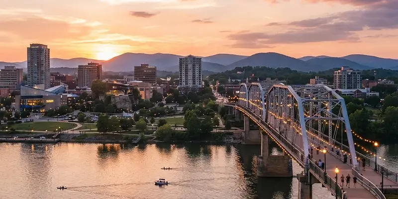 Chattanooga riverfront and pedestrian bridge at sunset