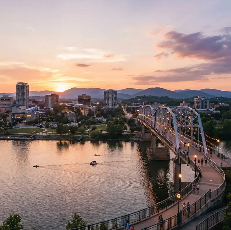 Chattanooga riverfront and pedestrian bridge at sunset