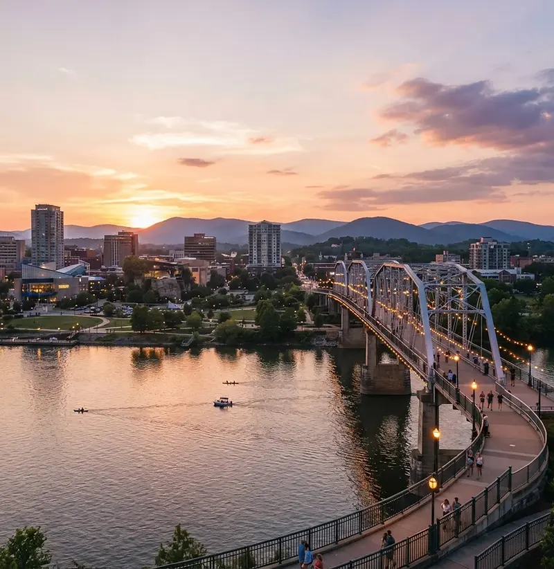 Chattanooga riverfront and pedestrian bridge at sunset