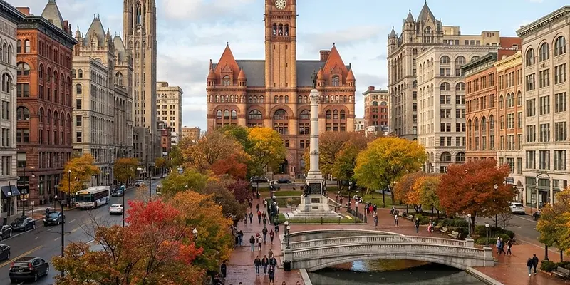 Historic buildings around Clinton Square in downtown Syracuse in autumn