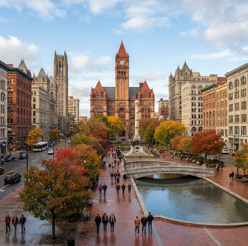 Historic buildings around Clinton Square in downtown Syracuse in autumn