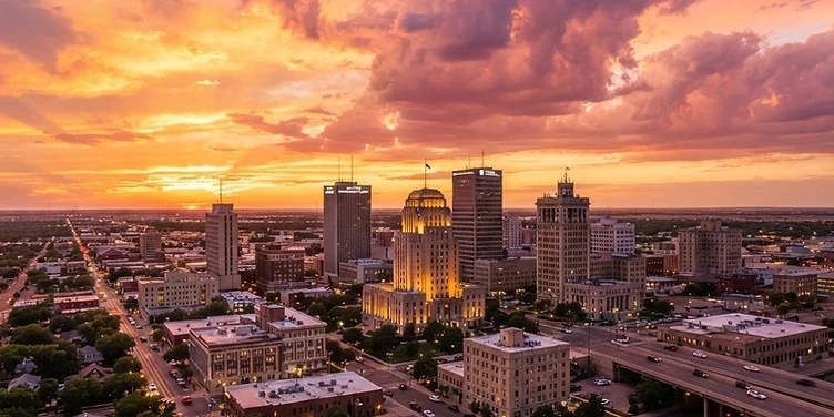 Amarillo skyline under a wide Texas Panhandle sunset