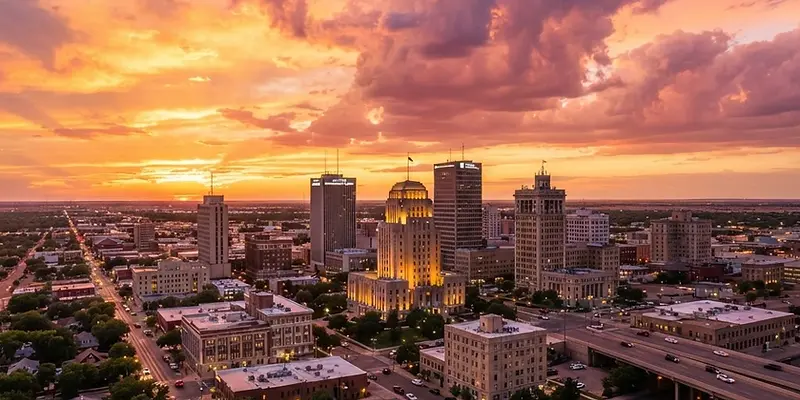 Amarillo skyline under a wide Texas Panhandle sunset