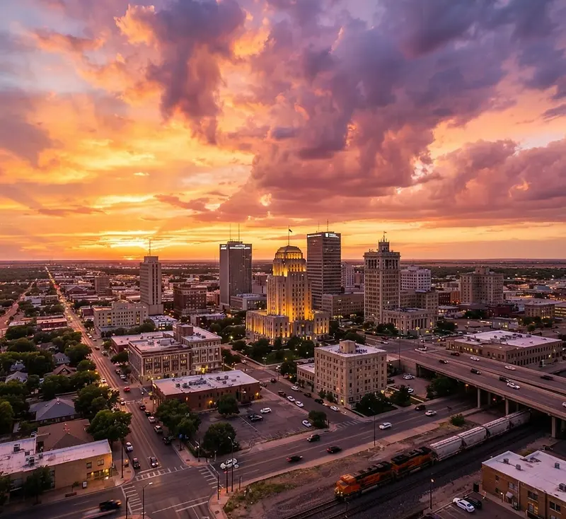 Amarillo skyline under a wide Texas Panhandle sunset