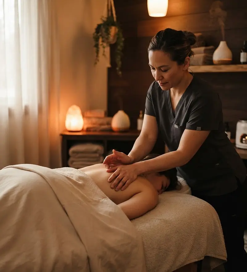 Massage therapist website design: therapist treating a client in a calm studio