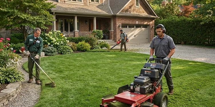 Landscaping crew mowing and edging a front lawn