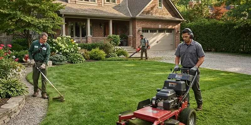 Landscaping crew mowing and edging a front lawn