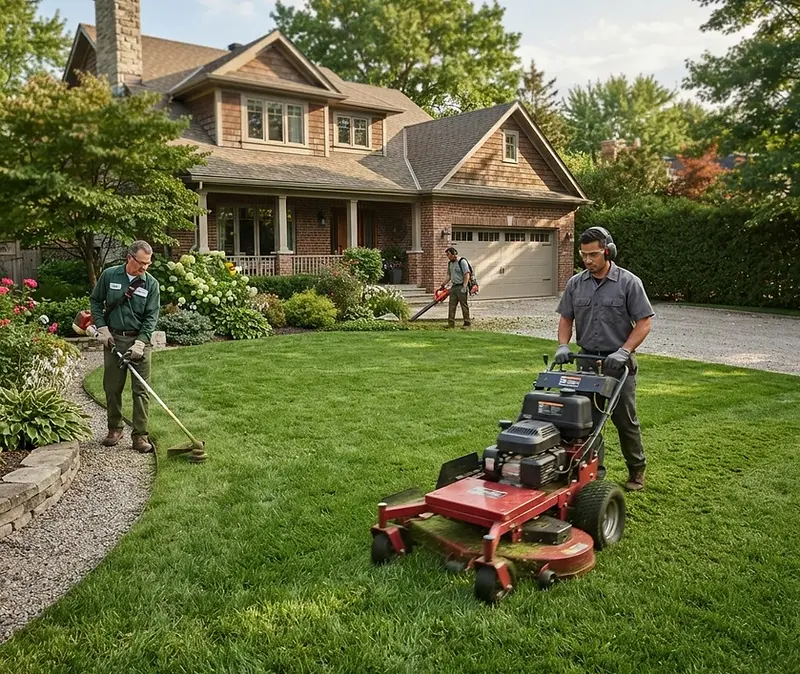 Landscaping crew mowing and edging a front lawn
