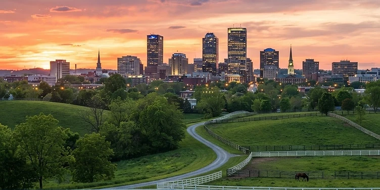 Downtown Lexington skyline with horse country in the foreground