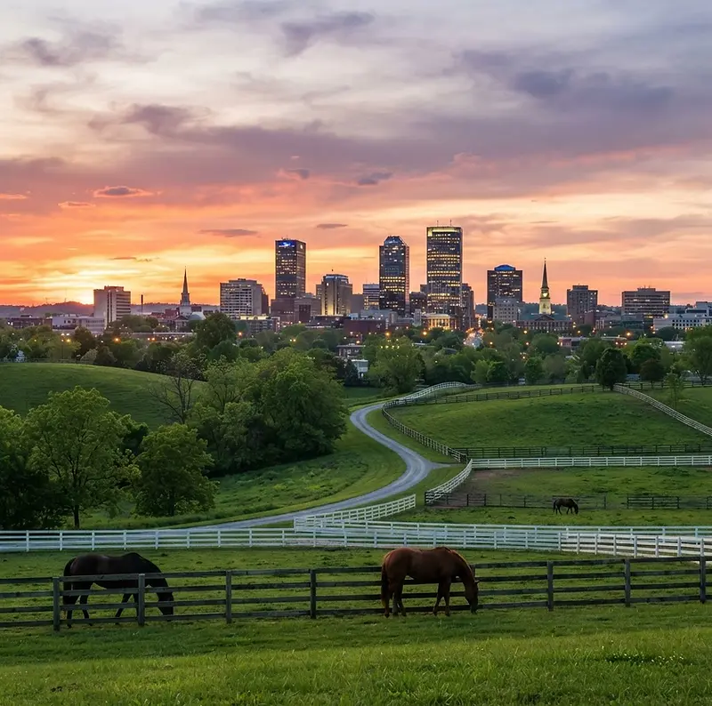Downtown Lexington skyline with horse country in the foreground