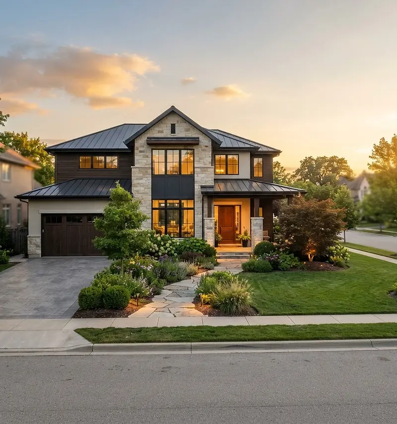 Home builder website design: newly built custom home at golden hour