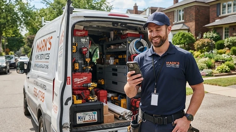 Handyman checking new job requests on his phone
