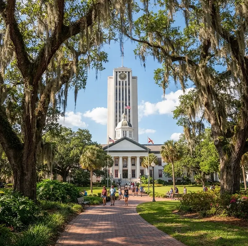 Tallahassee capitol buildings framed by live oaks and Spanish moss