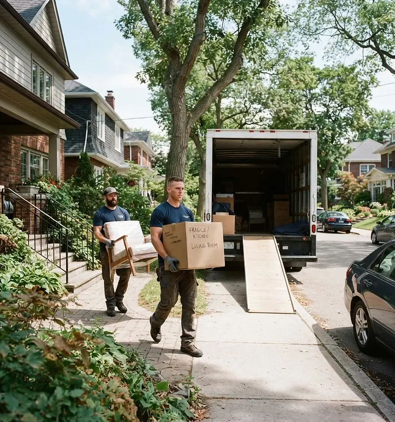 Moving company website design: movers loading boxes into a truck