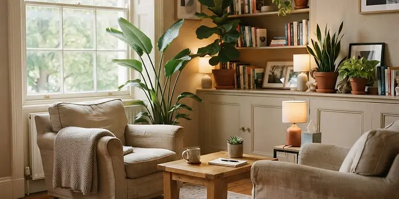 Calm therapy office with armchairs and soft window light