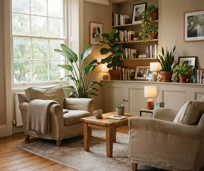Calm therapy office with armchairs and soft window light