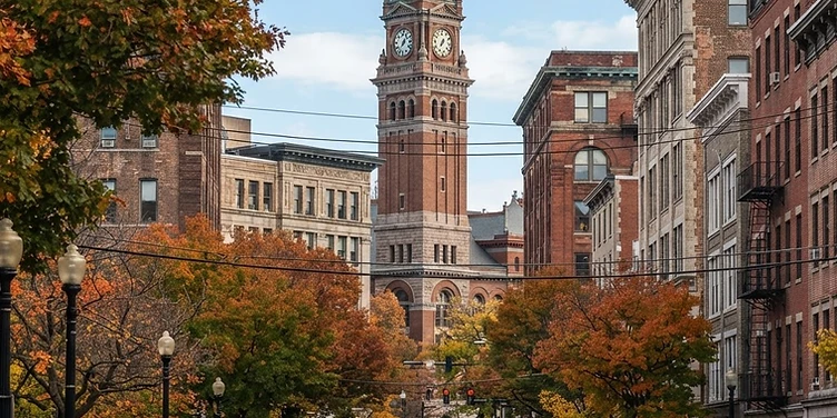 Brick buildings and clock tower in downtown Springfield, Massachusetts in autumn