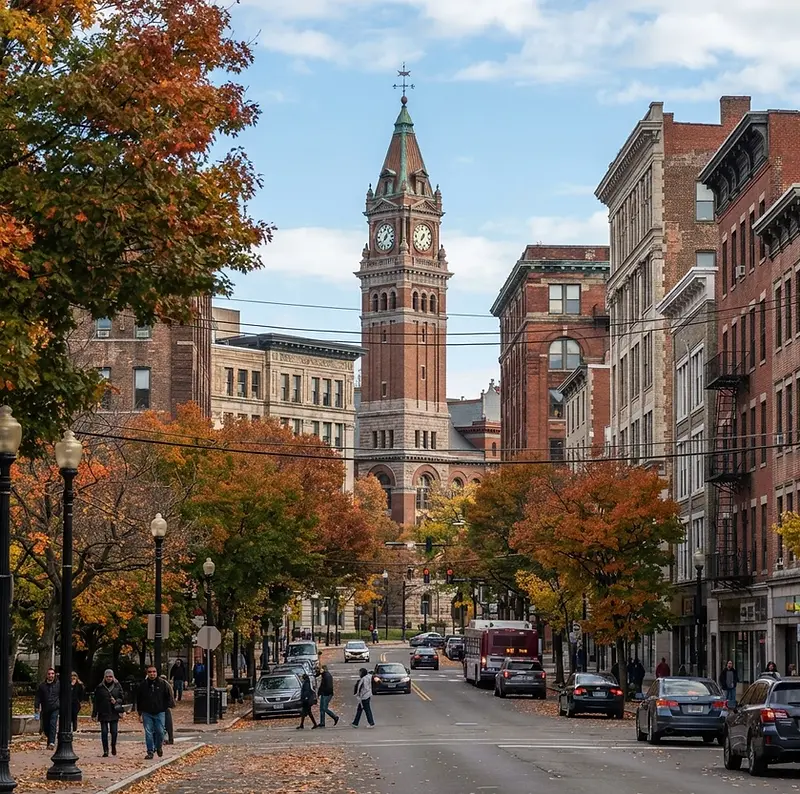 Brick buildings and clock tower in downtown Springfield, Massachusetts in autumn