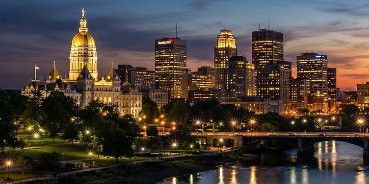 Hartford skyline and State Capitol at dusk