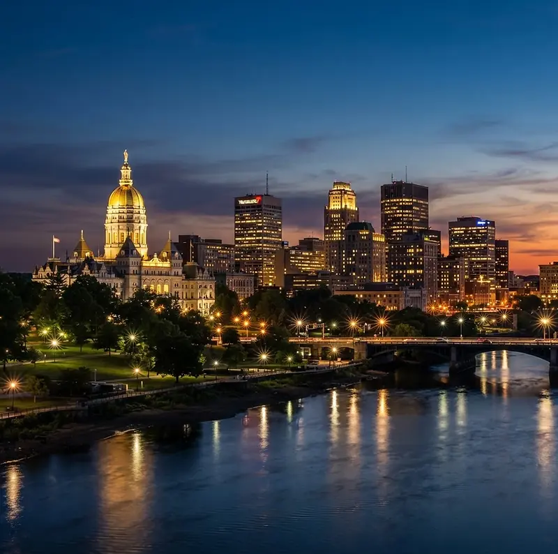 Hartford skyline and State Capitol at dusk