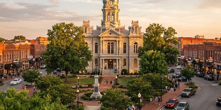 Historic courthouse square in Murfreesboro, Tennessee at golden hour