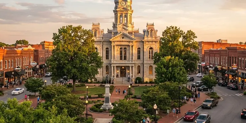 Historic courthouse square in Murfreesboro, Tennessee at golden hour