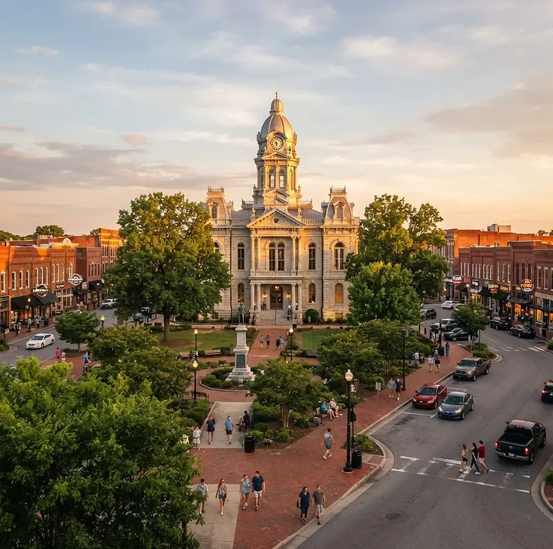 Historic courthouse square in Murfreesboro, Tennessee at golden hour