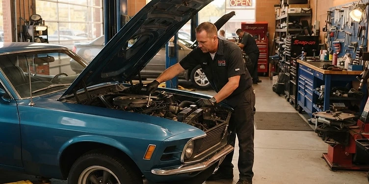 Mechanic working under the hood in an auto repair shop