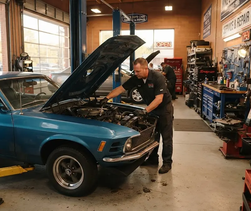 Mechanic working under the hood in an auto repair shop
