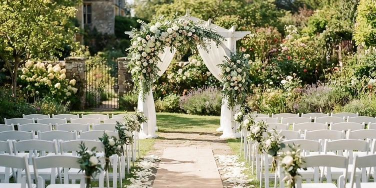 Outdoor garden wedding ceremony setup with floral arch