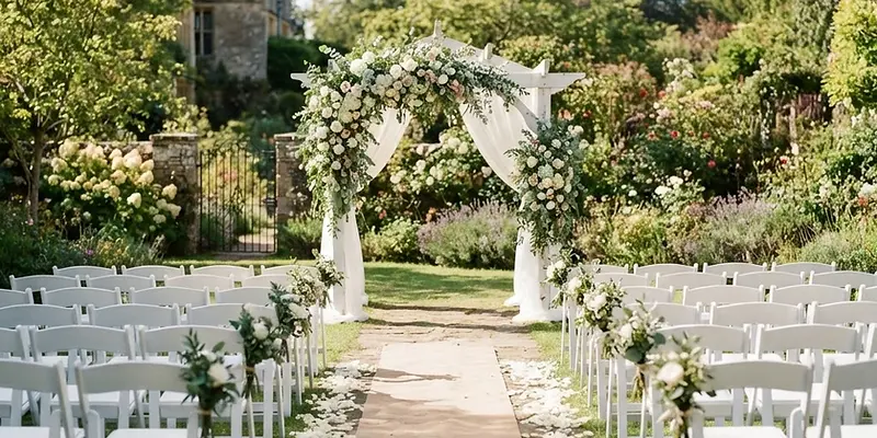 Outdoor garden wedding ceremony setup with floral arch