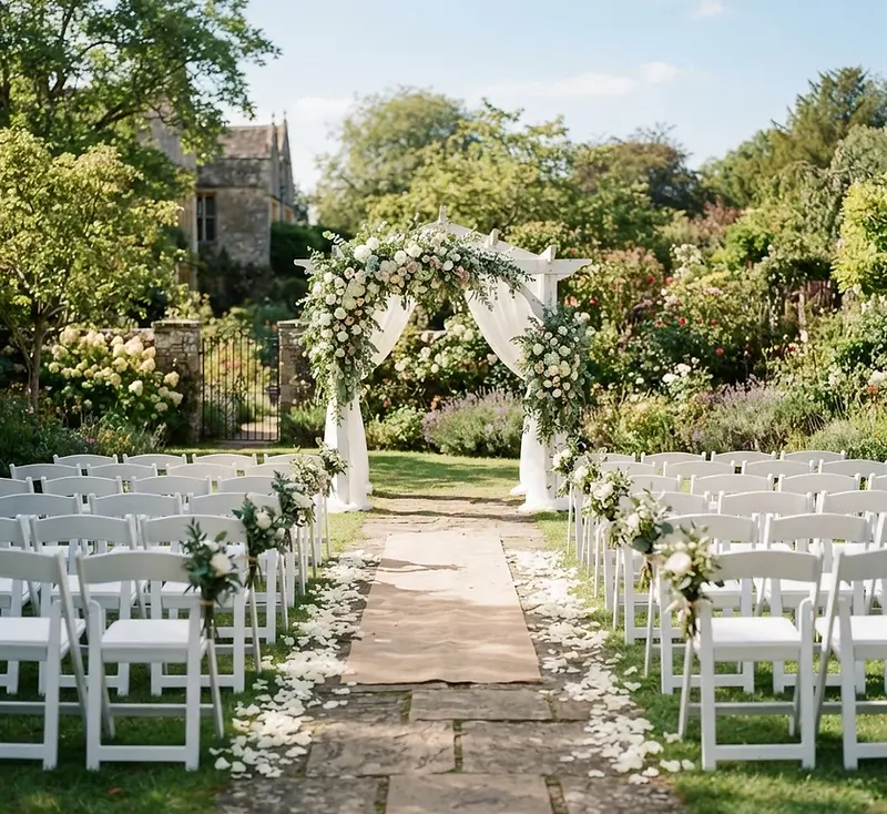 Outdoor garden wedding ceremony setup with floral arch