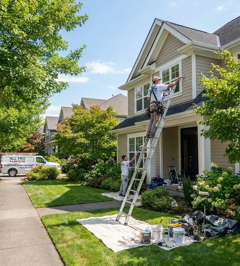 Painting contractor website design: painter working on a home exterior