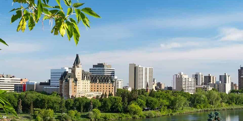 Saskatoon skyline and the Bessborough across the South Saskatchewan River